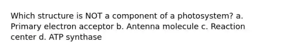 Which structure is NOT a component of a photosystem? a. Primary electron acceptor b. Antenna molecule c. Reaction center d. ATP synthase