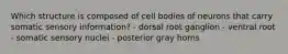 Which structure is composed of cell bodies of neurons that carry somatic sensory information? - dorsal root ganglion - ventral root - somatic sensory nuclei - posterior gray horns