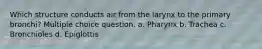 Which structure conducts air from the larynx to the primary bronchi? Multiple choice question. a. Pharynx b. Trachea c. Bronchioles d. Epiglottis