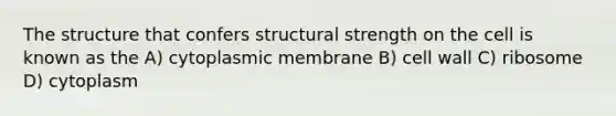 The structure that confers structural strength on the cell is known as the A) cytoplasmic membrane B) cell wall C) ribosome D) cytoplasm