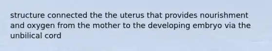 structure connected the the uterus that provides nourishment and oxygen from the mother to the developing embryo via the unbilical cord