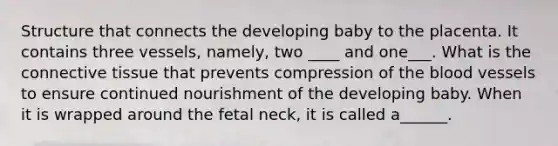 Structure that connects the developing baby to the placenta. It contains three vessels, namely, two ____ and one___. What is the connective tissue that prevents compression of the blood vessels to ensure continued nourishment of the developing baby. When it is wrapped around the fetal neck, it is called a______.