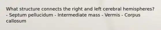 What structure connects the right and left cerebral hemispheres? - Septum pellucidum - Intermediate mass - Vermis - Corpus callosum