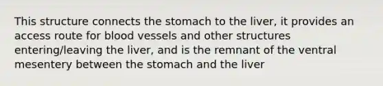 This structure connects the stomach to the liver, it provides an access route for blood vessels and other structures entering/leaving the liver, and is the remnant of the ventral mesentery between the stomach and the liver