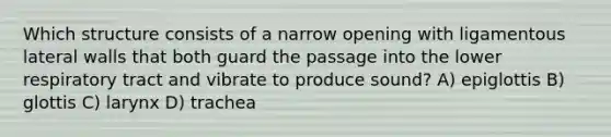Which structure consists of a narrow opening with ligamentous lateral walls that both guard the passage into the lower respiratory tract and vibrate to produce sound? A) epiglottis B) glottis C) larynx D) trachea