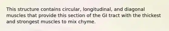 This structure contains circular, longitudinal, and diagonal muscles that provide this section of the GI tract with the thickest and strongest muscles to mix chyme.