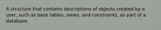 A structure that contains descriptions of objects created by a user, such as base tables, views, and constraints, as part of a database.