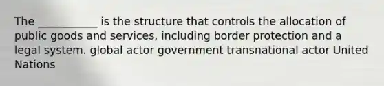 The ___________ is the structure that controls the allocation of public goods and services, including border protection and a legal system. global actor government transnational actor United Nations