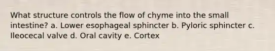 What structure controls the flow of chyme into the small intestine? a. Lower esophageal sphincter b. Pyloric sphincter c. Ileocecal valve d. Oral cavity e. Cortex