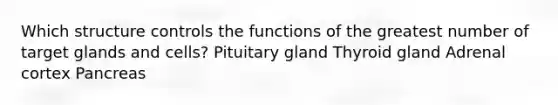 Which structure controls the functions of the greatest number of target glands and cells? Pituitary gland Thyroid gland Adrenal cortex Pancreas