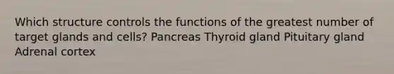 Which structure controls the functions of the greatest number of target glands and cells? Pancreas Thyroid gland Pituitary gland Adrenal cortex