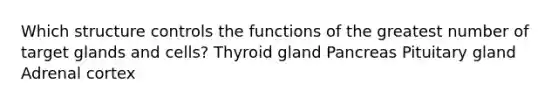 Which structure controls the functions of the greatest number of target glands and cells? Thyroid gland Pancreas Pituitary gland Adrenal cortex