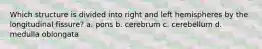 Which structure is divided into right and left hemispheres by the longitudinal fissure? a. pons b. cerebrum c. cerebellum d. medulla oblongata