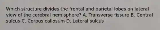 Which structure divides the frontal and parietal lobes on lateral view of the cerebral hemisphere? A. Transverse fissure B. Central sulcus C. Corpus callosum D. Lateral sulcus