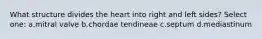 What structure divides the heart into right and left sides? Select one: a.mitral valve b.chordae tendineae c.septum d.mediastinum