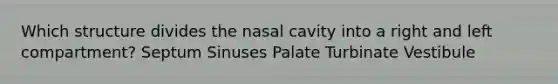 Which structure divides the nasal cavity into a right and left compartment? Septum Sinuses Palate Turbinate Vestibule