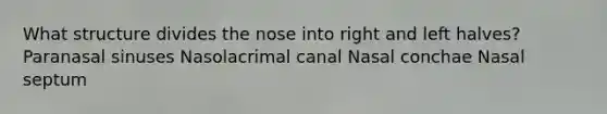 What structure divides the nose into right and left halves? Paranasal sinuses Nasolacrimal canal Nasal conchae Nasal septum