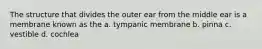 The structure that divides the outer ear from the middle ear is a membrane known as the a. tympanic membrane b. pinna c. vestible d. cochlea