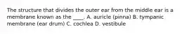 The structure that divides the outer ear from the middle ear is a membrane known as the ____. A. auricle (pinna) B. tympanic membrane (ear drum) C. cochlea D. vestibule