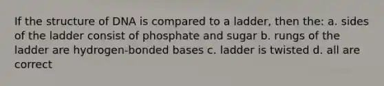 If the structure of DNA is compared to a ladder, then the: a. sides of the ladder consist of phosphate and sugar b. rungs of the ladder are hydrogen-bonded bases c. ladder is twisted d. all are correct