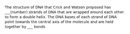 The structure of DNA that Crick and Watson proposed has ___(number) strands of DNA that are wrapped around each other to form a double helix. The DNA bases of each strand of DNA point towards the central axis of the molecule and are held together by ___ bonds