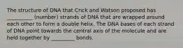 The structure of DNA that Crick and Watson proposed has __________ (number) strands of DNA that are wrapped around each other to form a double helix. The DNA bases of each strand of DNA point towards the central axis of the molecule and are held together by _________ bonds.