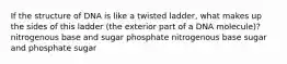 If the structure of DNA is like a twisted ladder, what makes up the sides of this ladder (the exterior part of a DNA molecule)? nitrogenous base and sugar phosphate nitrogenous base sugar and phosphate sugar