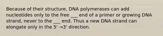 Because of their structure, DNA polymerases can add nucleotides only to the free ___ end of a primer or growing DNA strand, never to the ___ end. Thus a new DNA strand can elongate only in the 5' →3' direction.