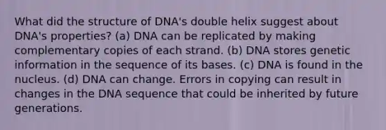 What did the structure of DNA's double helix suggest about DNA's properties? (a) DNA can be replicated by making complementary copies of each strand. (b) DNA stores genetic information in the sequence of its bases. (c) DNA is found in the nucleus. (d) DNA can change. Errors in copying can result in changes in the DNA sequence that could be inherited by future generations.