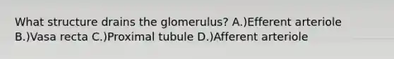 What structure drains the glomerulus? A.)Efferent arteriole B.)Vasa recta C.)Proximal tubule D.)Afferent arteriole