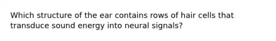 Which structure of the ear contains rows of hair cells that transduce sound energy into neural signals?