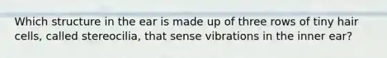 Which structure in the ear is made up of three rows of tiny hair cells, called stereocilia, that sense vibrations in the inner ear?