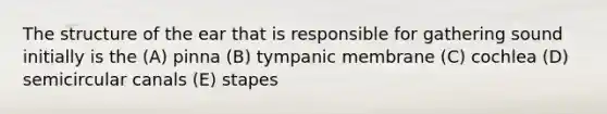 The structure of the ear that is responsible for gathering sound initially is the (A) pinna (B) tympanic membrane (C) cochlea (D) semicircular canals (E) stapes