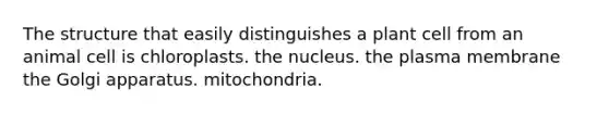 The structure that easily distinguishes a plant cell from an animal cell is chloroplasts. the nucleus. the plasma membrane the Golgi apparatus. mitochondria.