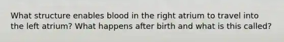 What structure enables blood in the right atrium to travel into the left atrium? What happens after birth and what is this called?