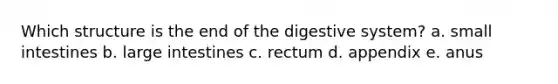 Which structure is the end of the digestive system?​ a. ​small intestines b. ​large intestines c. ​rectum d. ​appendix e. ​anus