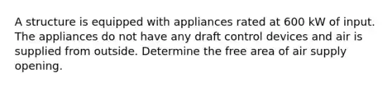 A structure is equipped with appliances rated at 600 kW of input. The appliances do not have any draft control devices and air is supplied from outside. Determine the free area of air supply opening.