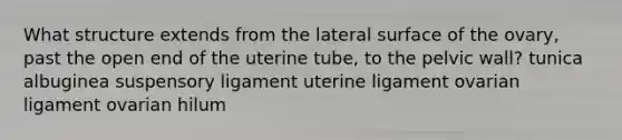 What structure extends from the lateral surface of the ovary, past the open end of the uterine tube, to the pelvic wall? tunica albuginea suspensory ligament uterine ligament ovarian ligament ovarian hilum