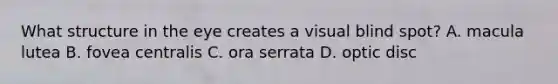 What structure in the eye creates a visual blind spot? A. macula lutea B. fovea centralis C. ora serrata D. optic disc