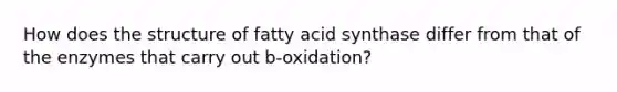 How does the structure of fatty acid synthase differ from that of the enzymes that carry out b-oxidation?