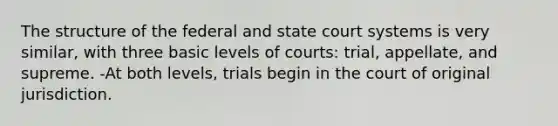 The structure of the federal and state court systems is very similar, with three basic levels of courts: trial, appellate, and supreme. -At both levels, trials begin in the court of original jurisdiction.