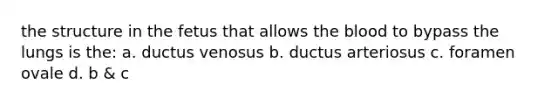 the structure in the fetus that allows <a href='https://www.questionai.com/knowledge/k7oXMfj7lk-the-blood' class='anchor-knowledge'>the blood</a> to bypass the lungs is the: a. ductus venosus b. ductus arteriosus c. foramen ovale d. b & c