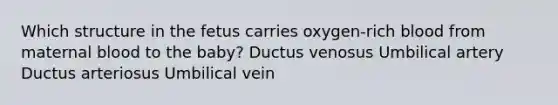 Which structure in the fetus carries oxygen-rich blood from maternal blood to the baby? Ductus venosus Umbilical artery Ductus arteriosus Umbilical vein