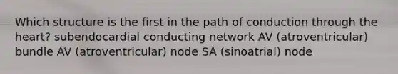 Which structure is the first in the path of conduction through the heart? subendocardial conducting network AV (atroventricular) bundle AV (atroventricular) node SA (sinoatrial) node