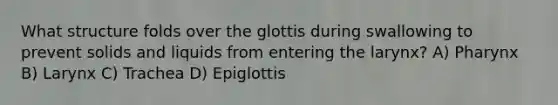 What structure folds over the glottis during swallowing to prevent solids and liquids from entering the larynx? A) Pharynx B) Larynx C) Trachea D) Epiglottis