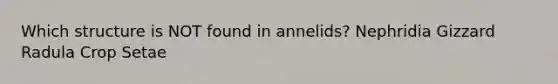 Which structure is NOT found in annelids? Nephridia Gizzard Radula Crop Setae