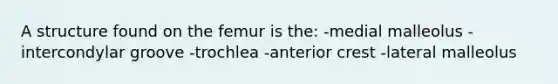 A structure found on the femur is the: -medial malleolus -intercondylar groove -trochlea -anterior crest -lateral malleolus