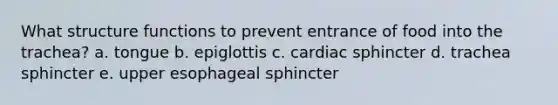 What structure functions to prevent entrance of food into the trachea? a. tongue b. epiglottis c. cardiac sphincter d. trachea sphincter e. upper esophageal sphincter