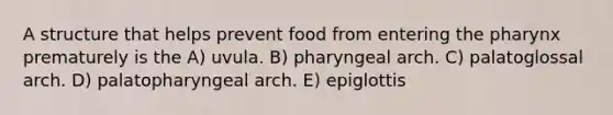 A structure that helps prevent food from entering the pharynx prematurely is the A) uvula. B) pharyngeal arch. C) palatoglossal arch. D) palatopharyngeal arch. E) epiglottis