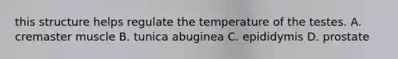 this structure helps regulate the temperature of the testes. A. cremaster muscle B. tunica abuginea C. epididymis D. prostate